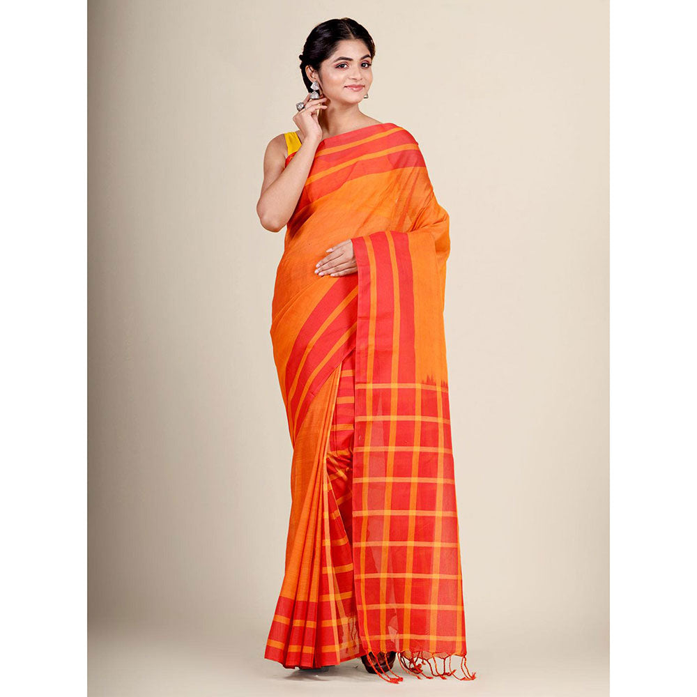 CHARUKRITI Mustard Blended Cotton Handwoven Saree with Blouse