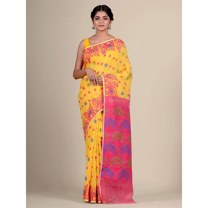 CHARUKRITI Yellow Silk Cotton Handwoven Jamdani Saree without Blouse