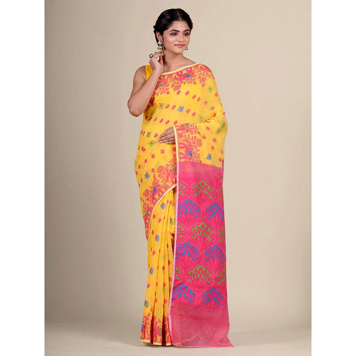 CHARUKRITI Yellow Silk Cotton Handwoven Jamdani Saree without Blouse