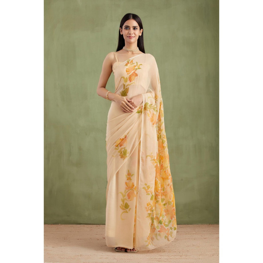 Geroo Jaipur Beige Hand Painted Floral Chiffon Saree With Mukaish Work