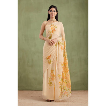 Geroo Jaipur Beige Hand Painted Floral Chiffon Saree With Mukaish Work