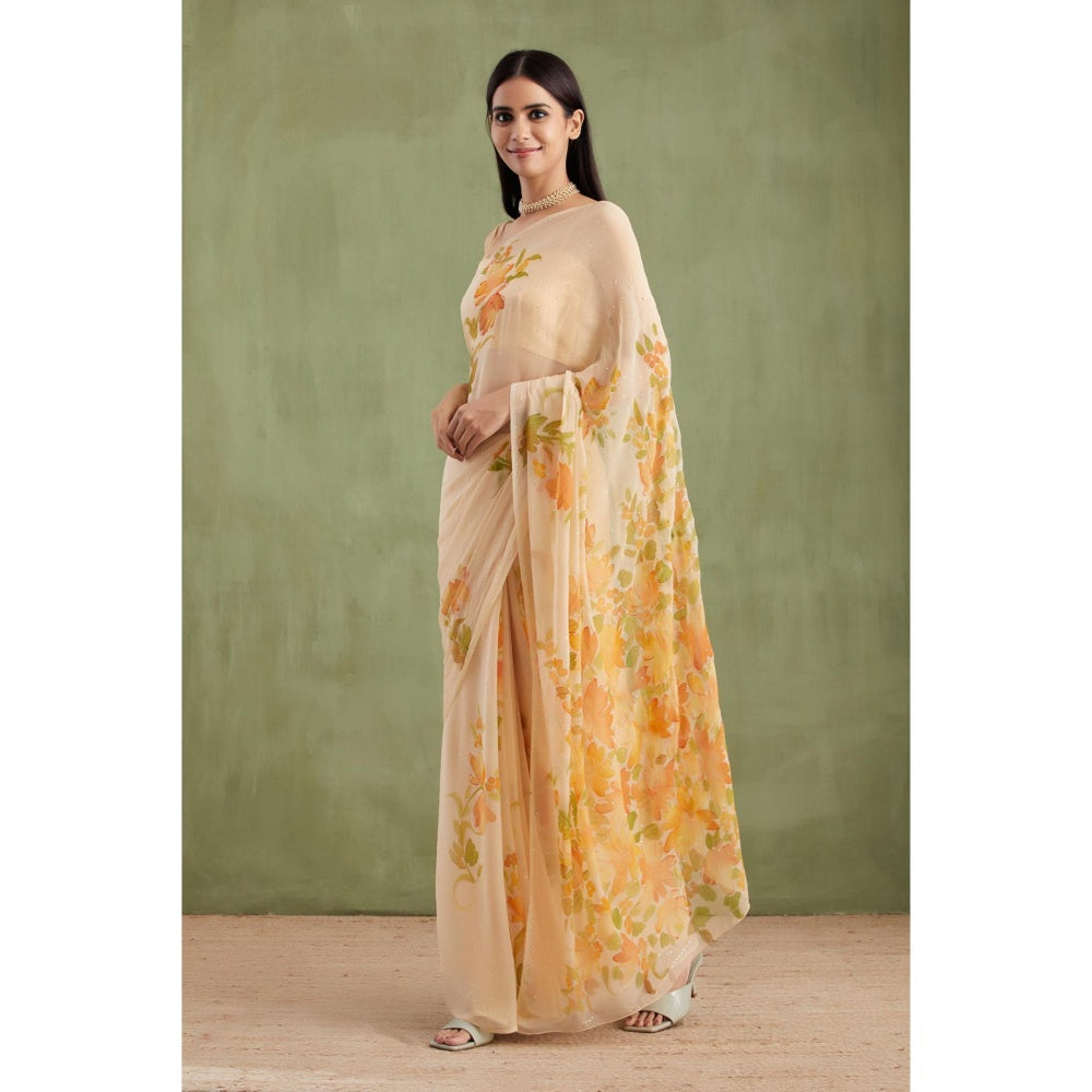 Geroo Jaipur Beige Hand Painted Floral Chiffon Saree With Mukaish Work