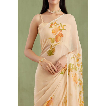 Geroo Jaipur Beige Hand Painted Floral Chiffon Saree With Mukaish Work