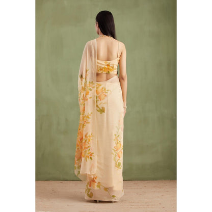 Geroo Jaipur Beige Hand Painted Floral Chiffon Saree With Mukaish Work