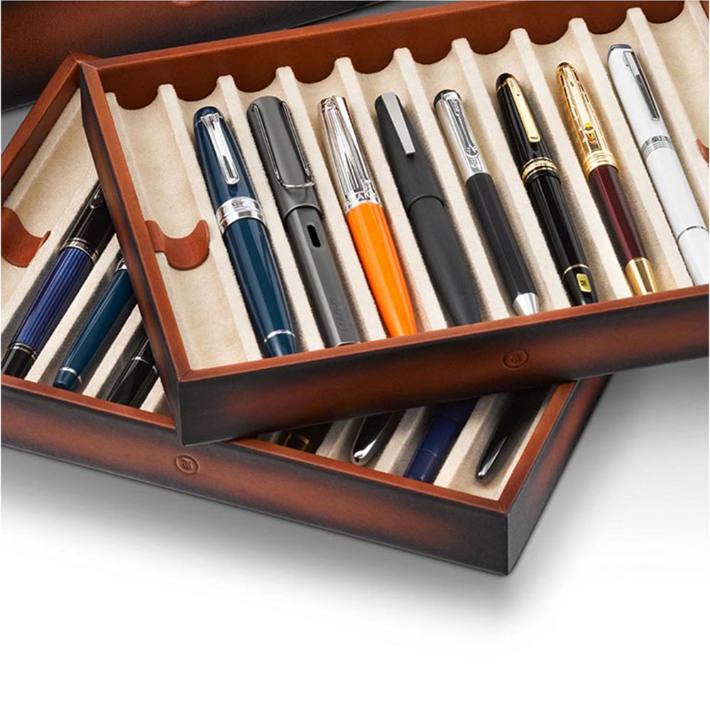 Lapis Bard Hemingway Dual-Tone Pen Chest with Pelxiglass Top (20 Pen Capacity) - Cognac