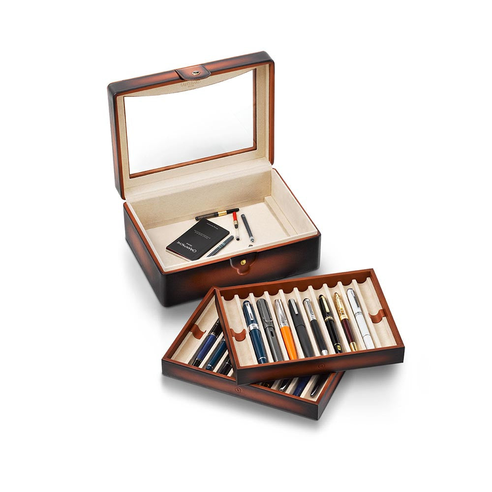 Lapis Bard Hemingway Dual-Tone Pen Chest with Pelxiglass Top (20 Pen Capacity) - Cognac