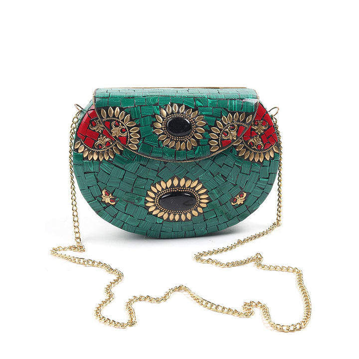 Odette Oval Shape Metal Green Tinted Ethnic Clutch