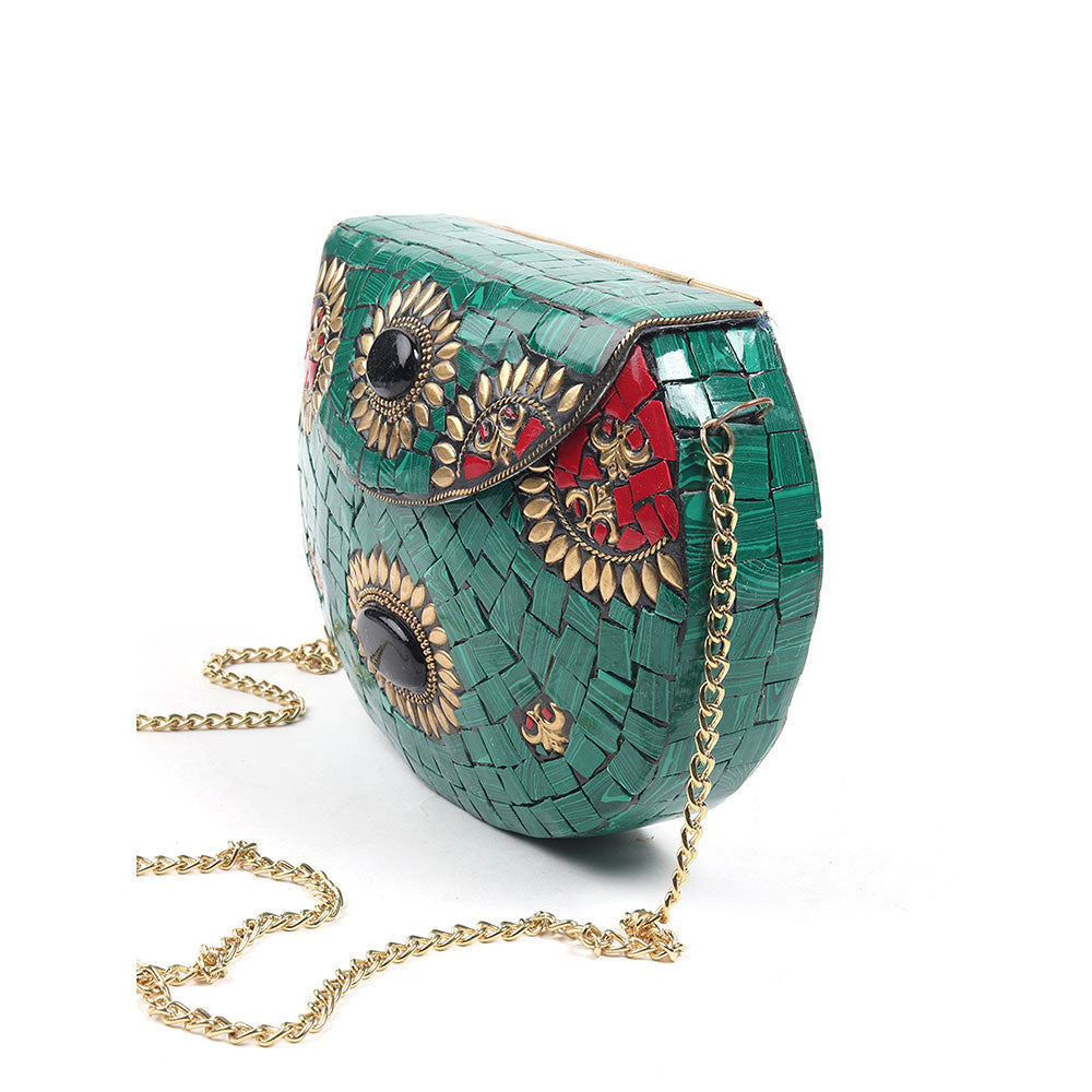 Odette Oval Shape Metal Green Tinted Ethnic Clutch