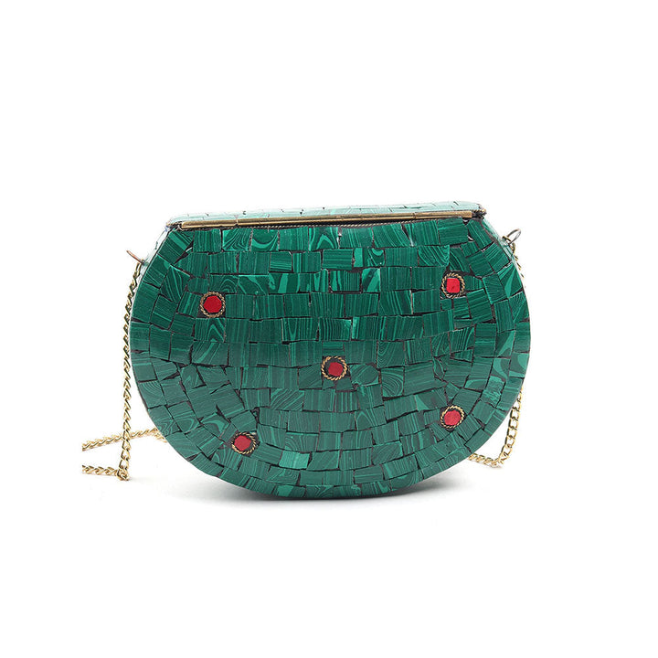 Odette Oval Shape Metal Green Tinted Ethnic Clutch