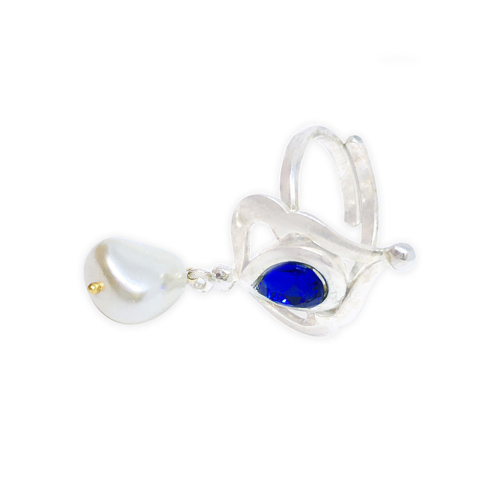 ORNAMAAS Persian Blue Silver Plated Mughal Mukkut Ring