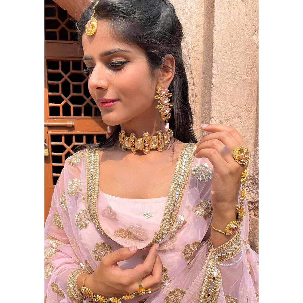ORNAMAAS Gold Rose Quartz Jade Phulkari Choker
