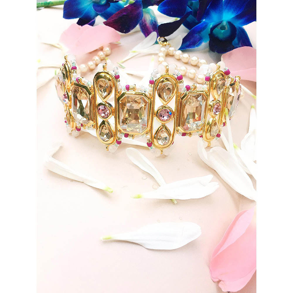 ORNAMAAS Gold Rose Quartz Jade Phulkari Choker