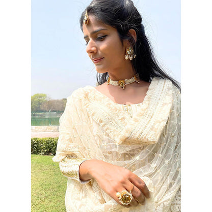 ORNAMAAS Gold Plated Topaz Flower Pearl String Choker