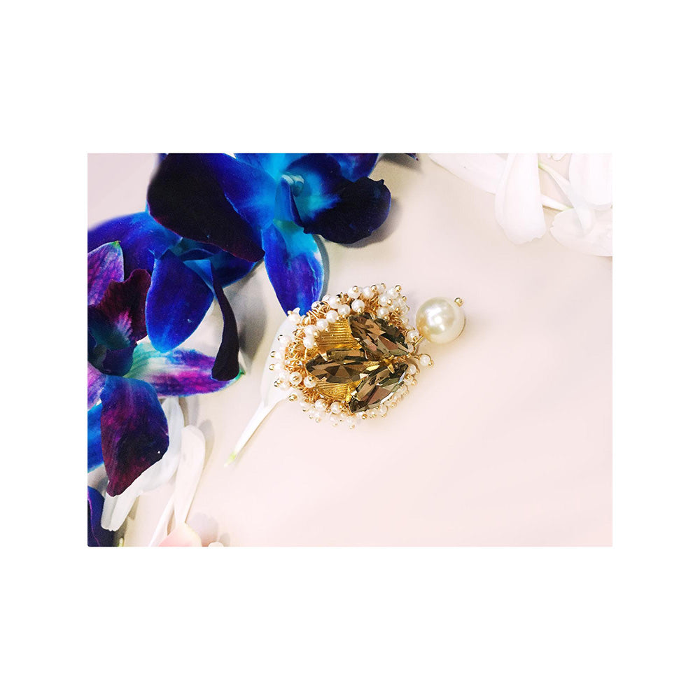 ORNAMAAS Gold Plated Topaz Phulkari Pearl Drop Ring