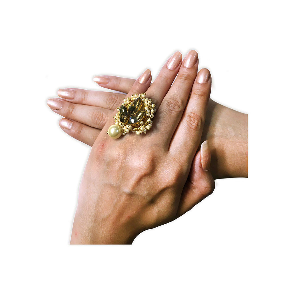 ORNAMAAS Gold Plated Topaz Phulkari Pearl Drop Ring