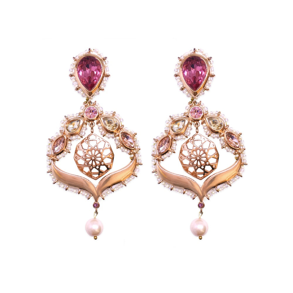 ORNAMAAS Rose Gold Gulabo Rose Opal Arabesque Chandelier Earrings
