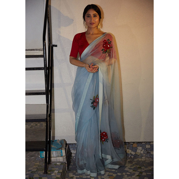 PEELI DORI Powder Blue Embroidered Saree and Unstitched Blouse