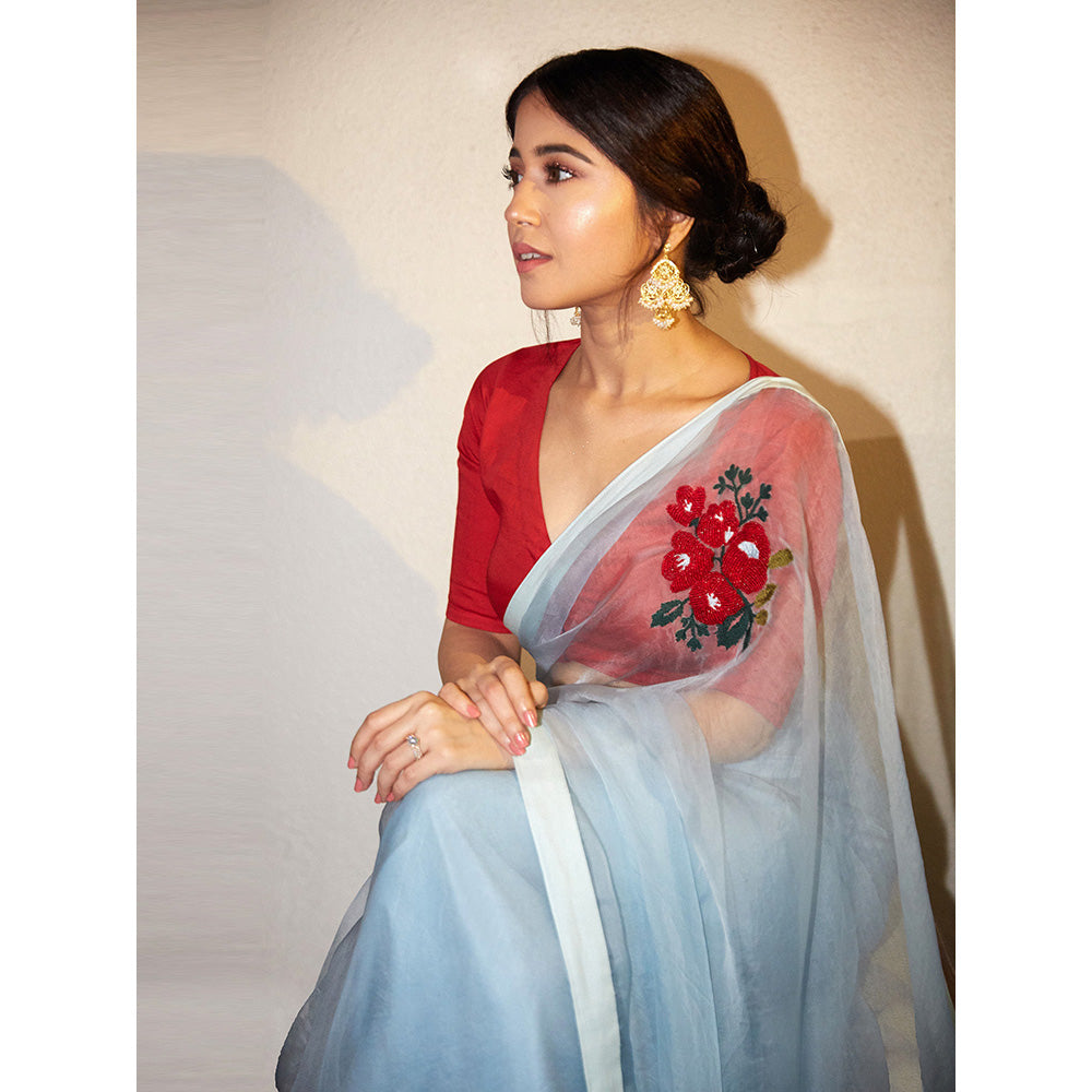 PEELI DORI Powder Blue Embroidered Saree and Unstitched Blouse