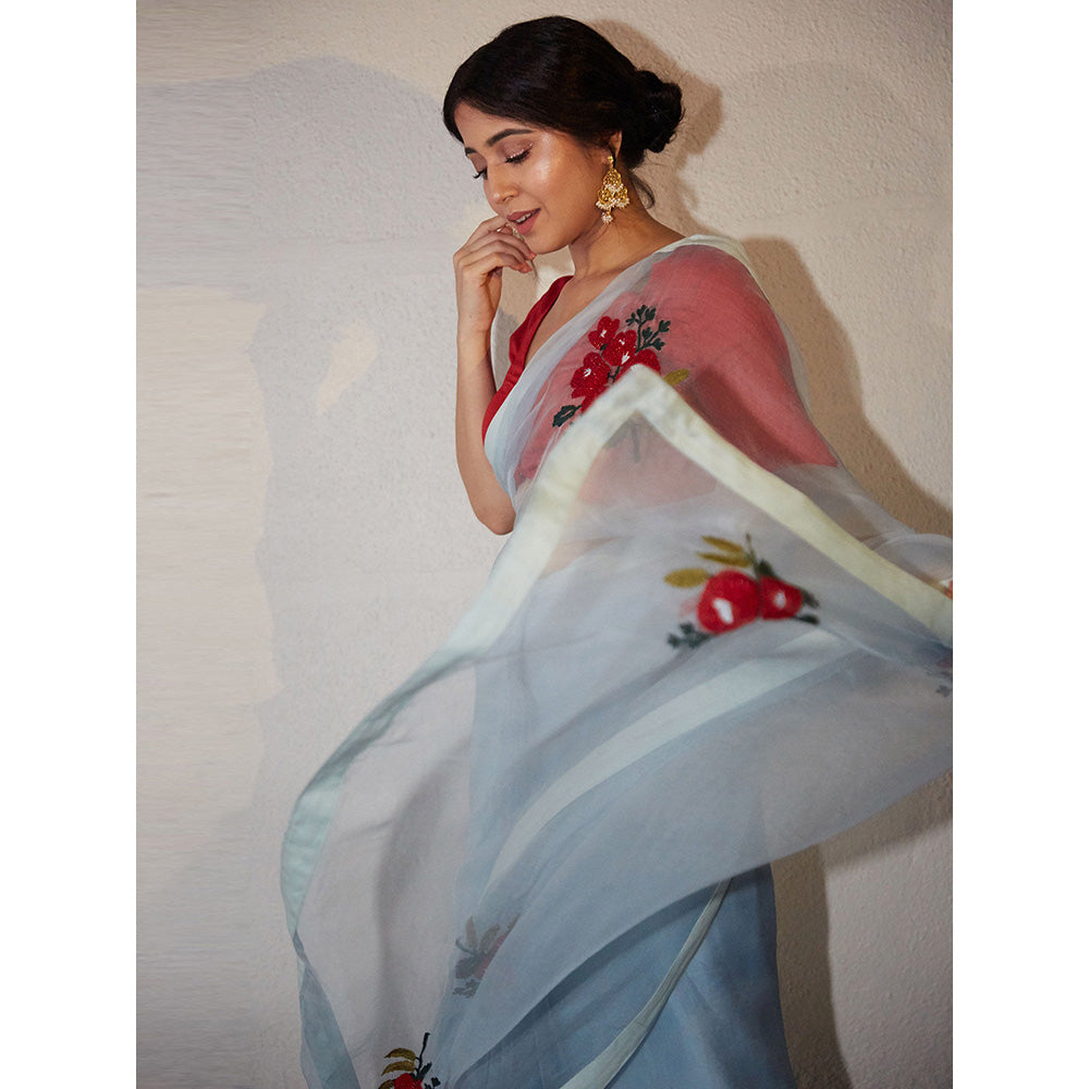 PEELI DORI Powder Blue Embroidered Saree and Unstitched Blouse