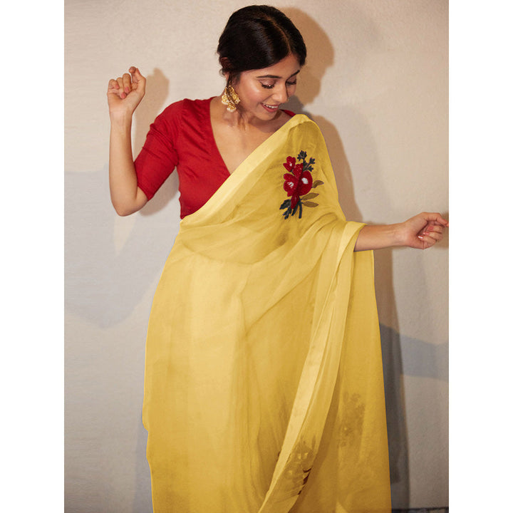 PEELI DORI Yellow Embroidered Saree and Unstitched Blouse