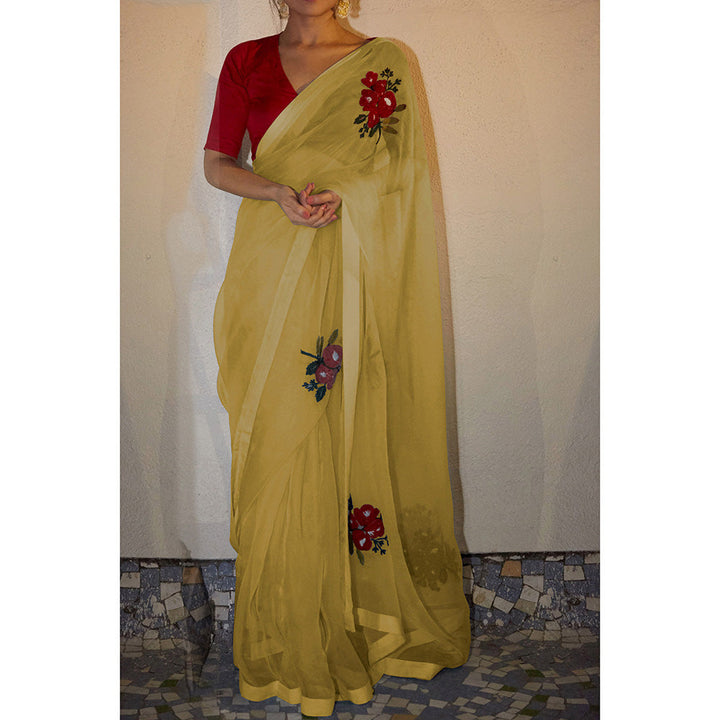 PEELI DORI Yellow Embroidered Saree and Unstitched Blouse