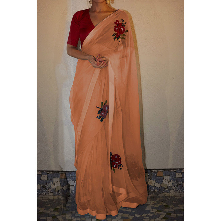 PEELI DORI Peach Embroidered Saree and Unstitched Blouse