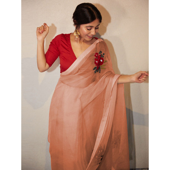 PEELI DORI Peach Embroidered Saree and Unstitched Blouse