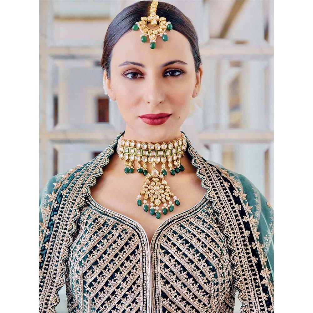 Prerto Gold Plated Green Brunai Maang Tikka