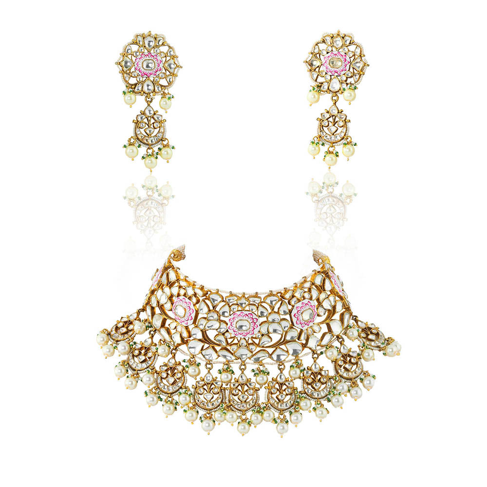 RIANA JEWELLERY White and Pink Meena Necklace Set With Pearl (Set of 2)