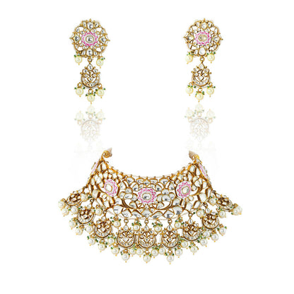 RIANA JEWELLERY White and Pink Meena Necklace Set With Pearl (Set of 2)