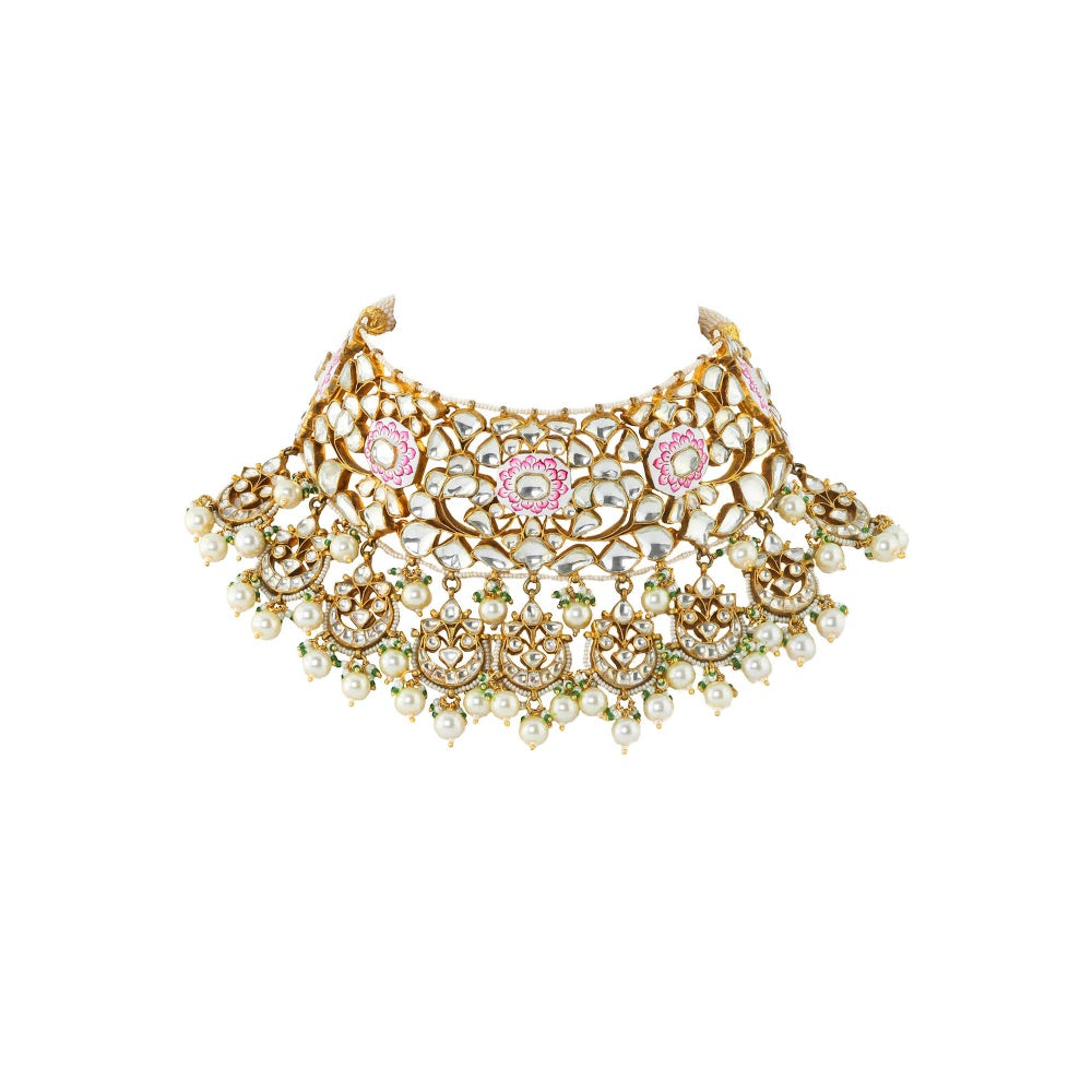 RIANA JEWELLERY White and Pink Meena Necklace Set With Pearl (Set of 2)