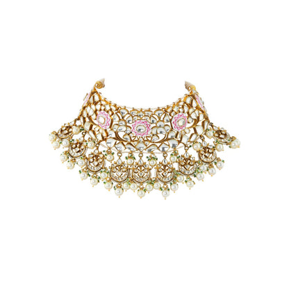 RIANA JEWELLERY White and Pink Meena Necklace Set With Pearl (Set of 2)