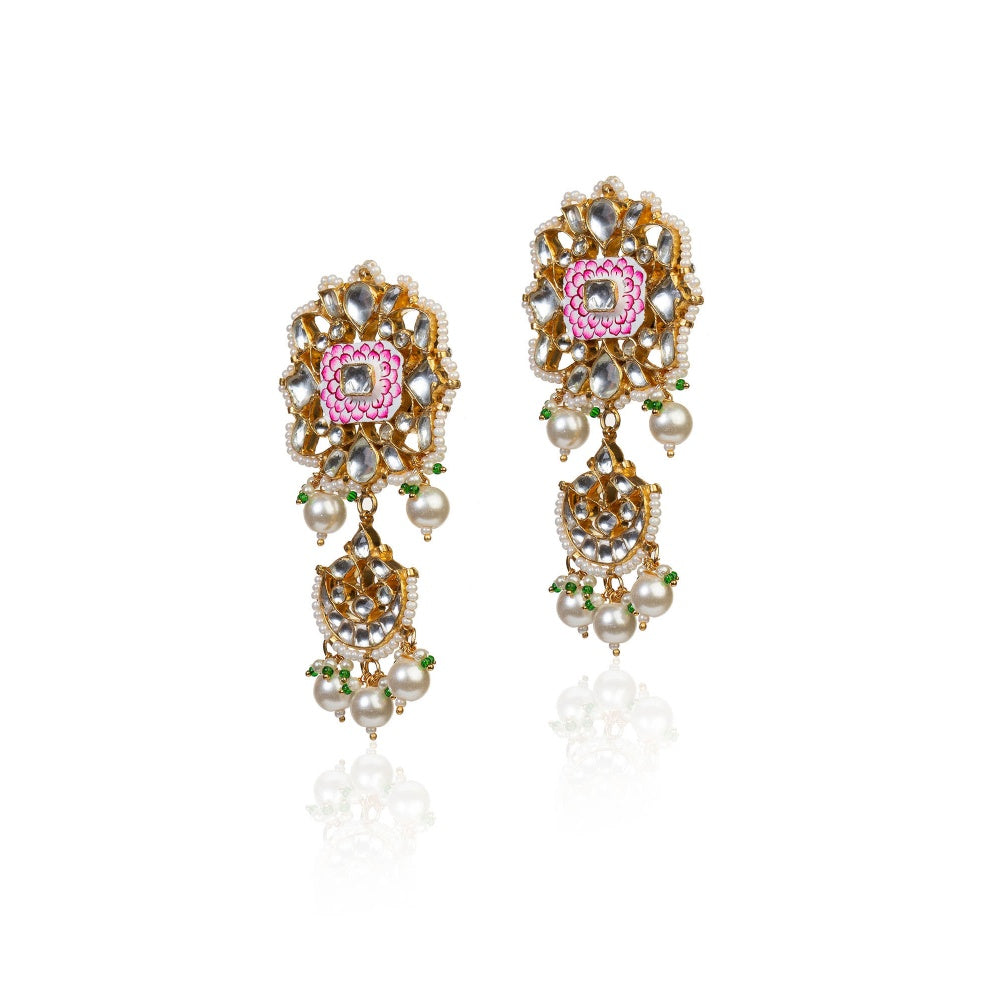 RIANA JEWELLERY White and Pink Meena Necklace Set With Pearl (Set of 2)