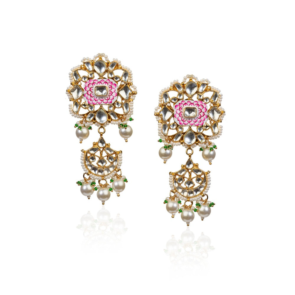 RIANA JEWELLERY White and Pink Meena Necklace Set With Pearl (Set of 2)