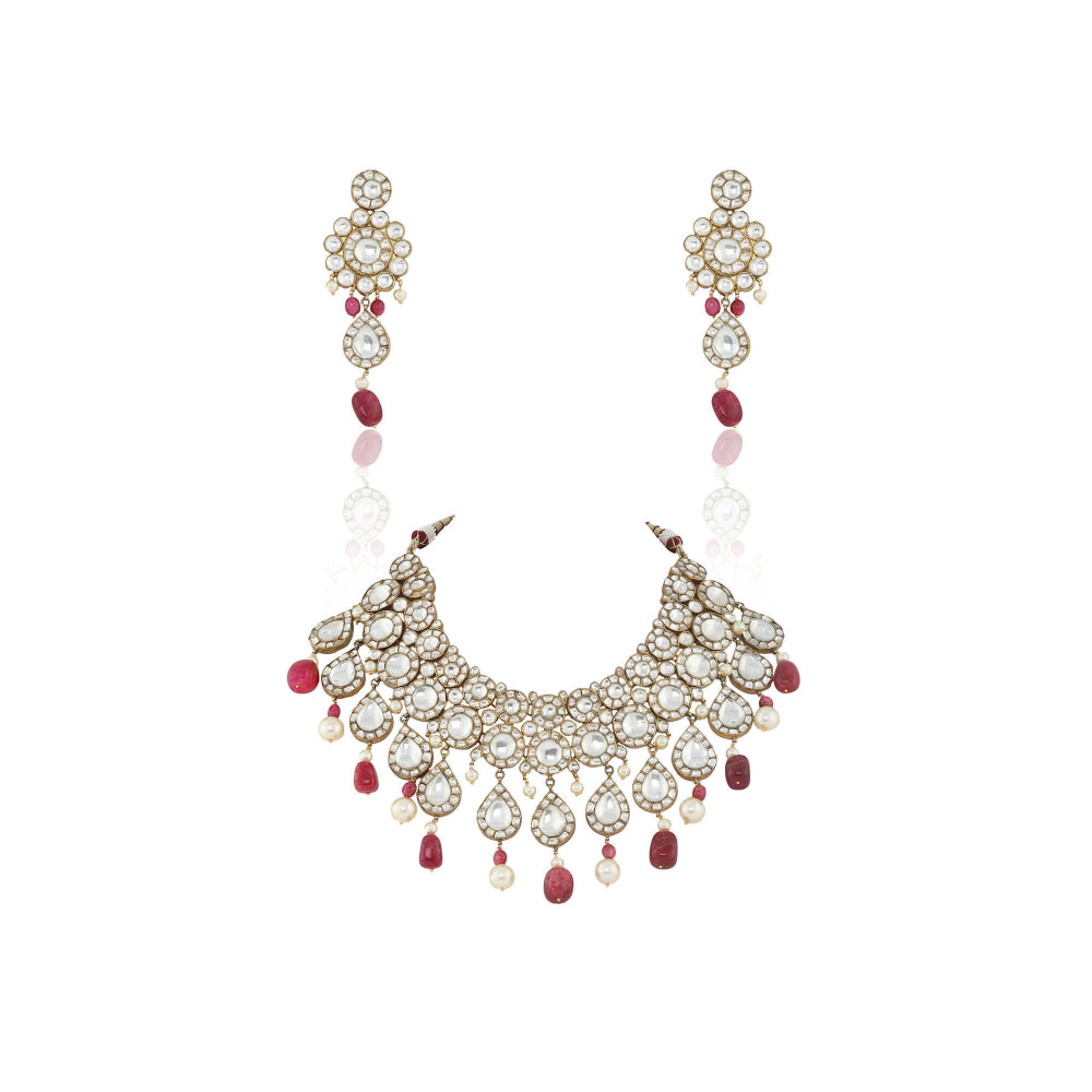 RIANA JEWELLERY Big Round Stones Necklace Set With Pink Beads (Set of 2)