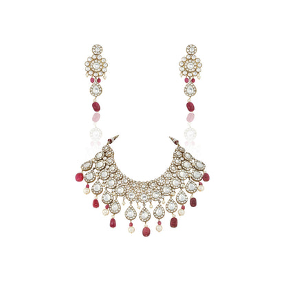 RIANA JEWELLERY Big Round Stones Necklace Set With Pink Beads (Set of 2)