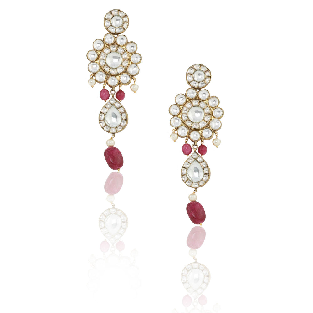 RIANA JEWELLERY Big Round Stones Necklace Set With Pink Beads (Set of 2)