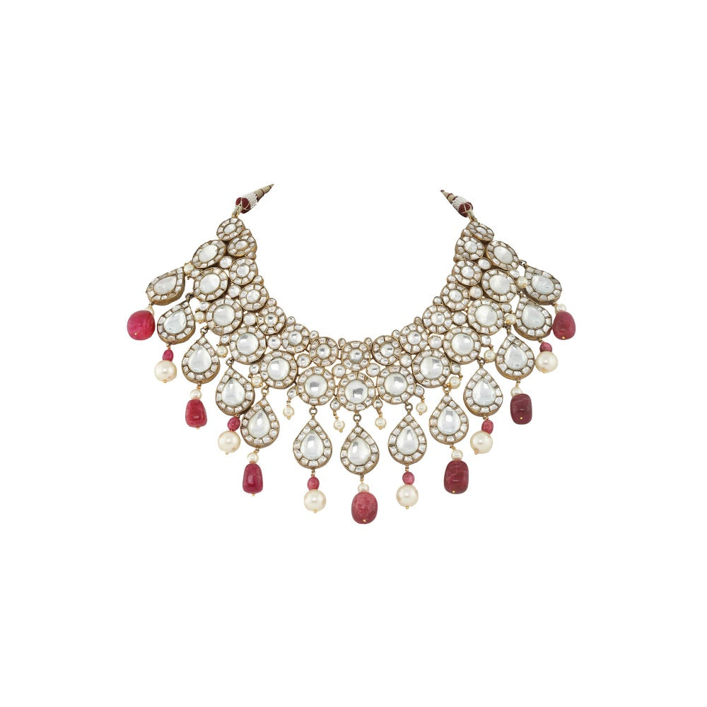 RIANA JEWELLERY Big Round Stones Necklace Set With Pink Beads (Set of 2)