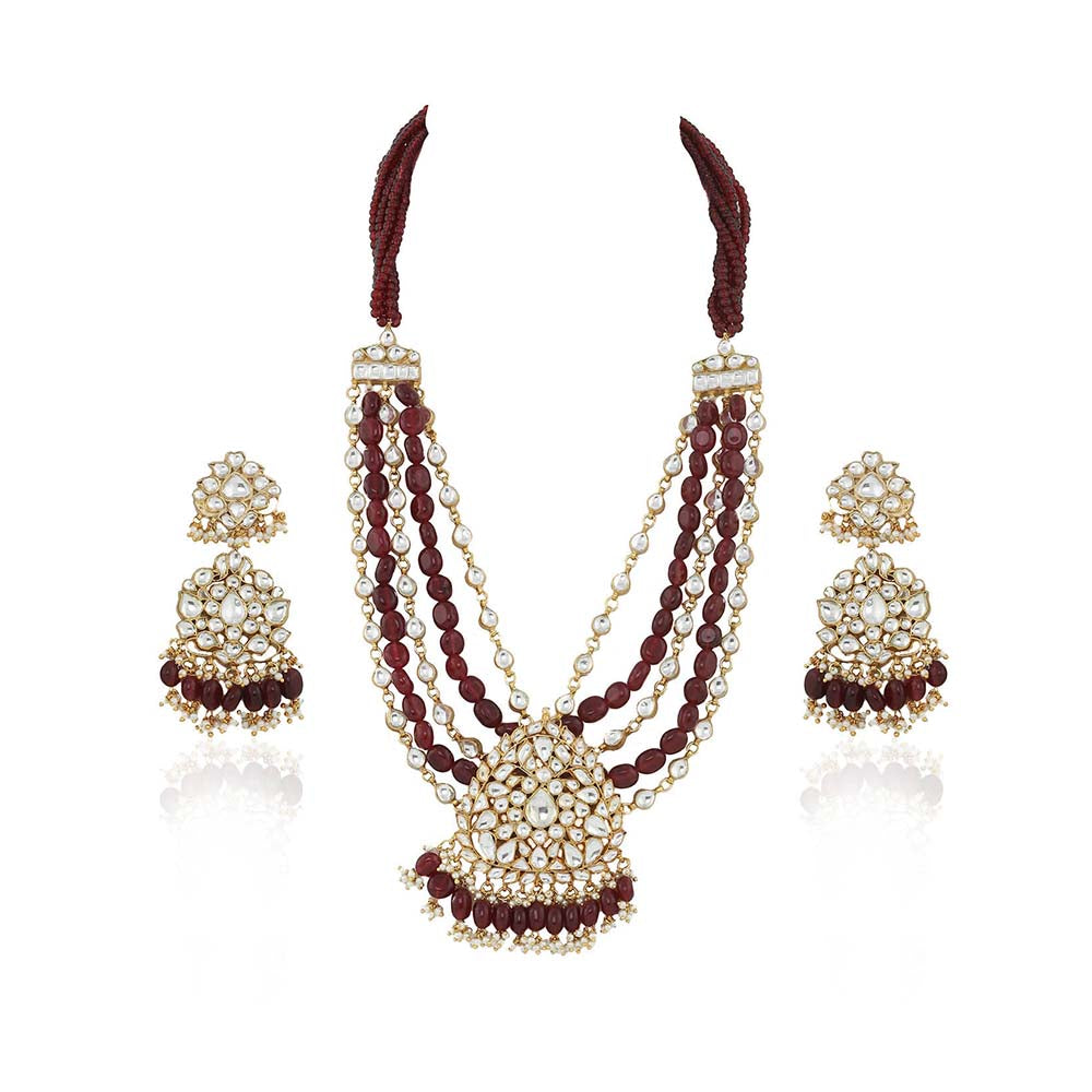 RIANA JEWELLERY Long Pendant Set With Maroon Beads Line (Set of 2)