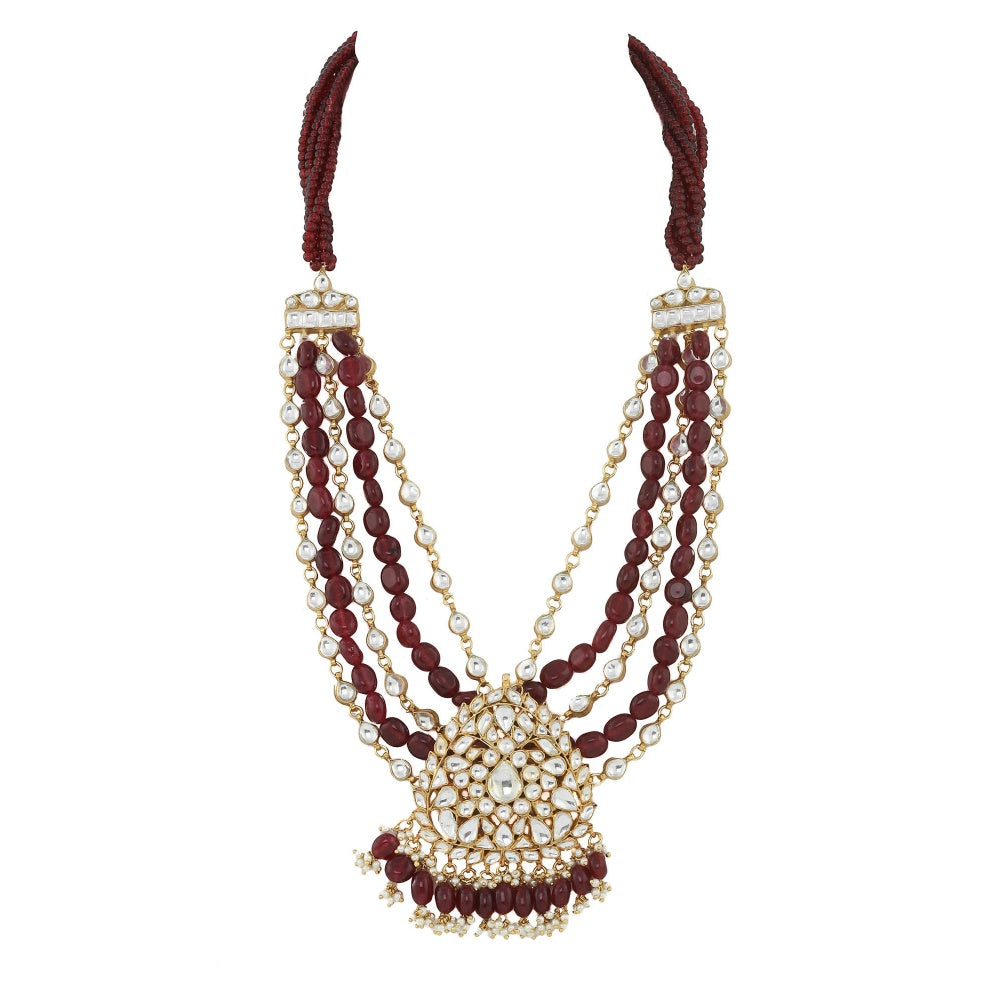 RIANA JEWELLERY Long Pendant Set With Maroon Beads Line (Set of 2)