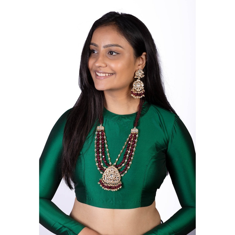 RIANA JEWELLERY Long Pendant Set With Maroon Beads Line (Set of 2)