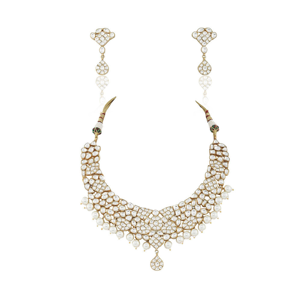 RIANA JEWELLERY White Small Jadtar Stone Necklace Set (Set of 2)