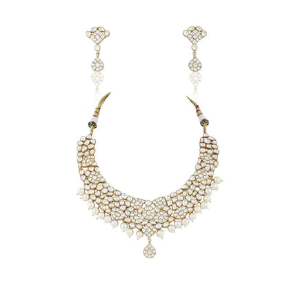 RIANA JEWELLERY White Small Jadtar Stone Necklace Set (Set of 2)