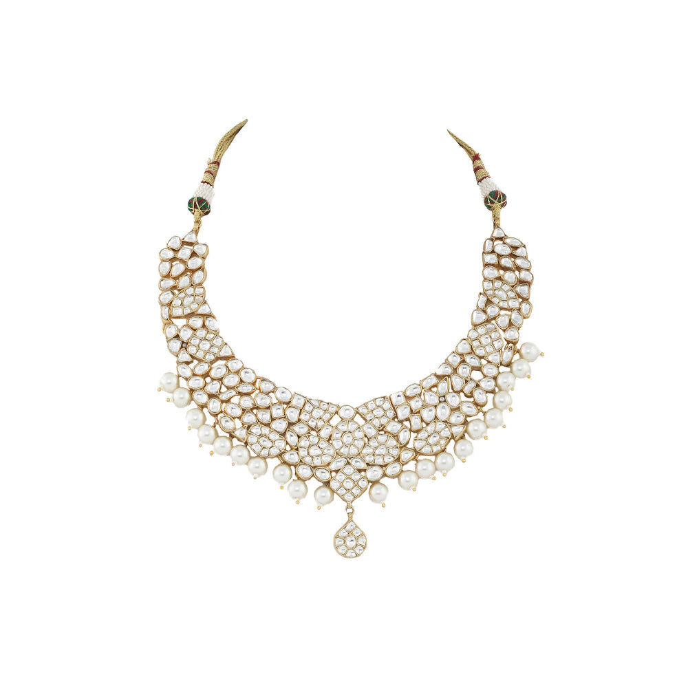 RIANA JEWELLERY White Small Jadtar Stone Necklace Set (Set of 2)