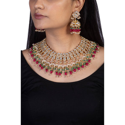 RIANA JEWELLERY White Jadtar Stone Heavy Bridal Necklace Set Pink Beads and Jhumki (Set of 2)