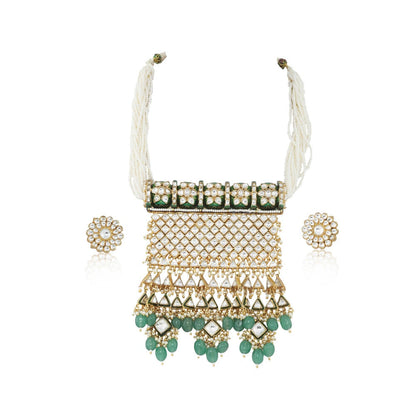 RIANA JEWELLERY White Jadtar Stone Big Pendant and Green Hangings (Set of 2)