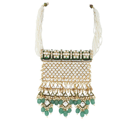 RIANA JEWELLERY White Jadtar Stone Big Pendant and Green Hangings (Set of 2)