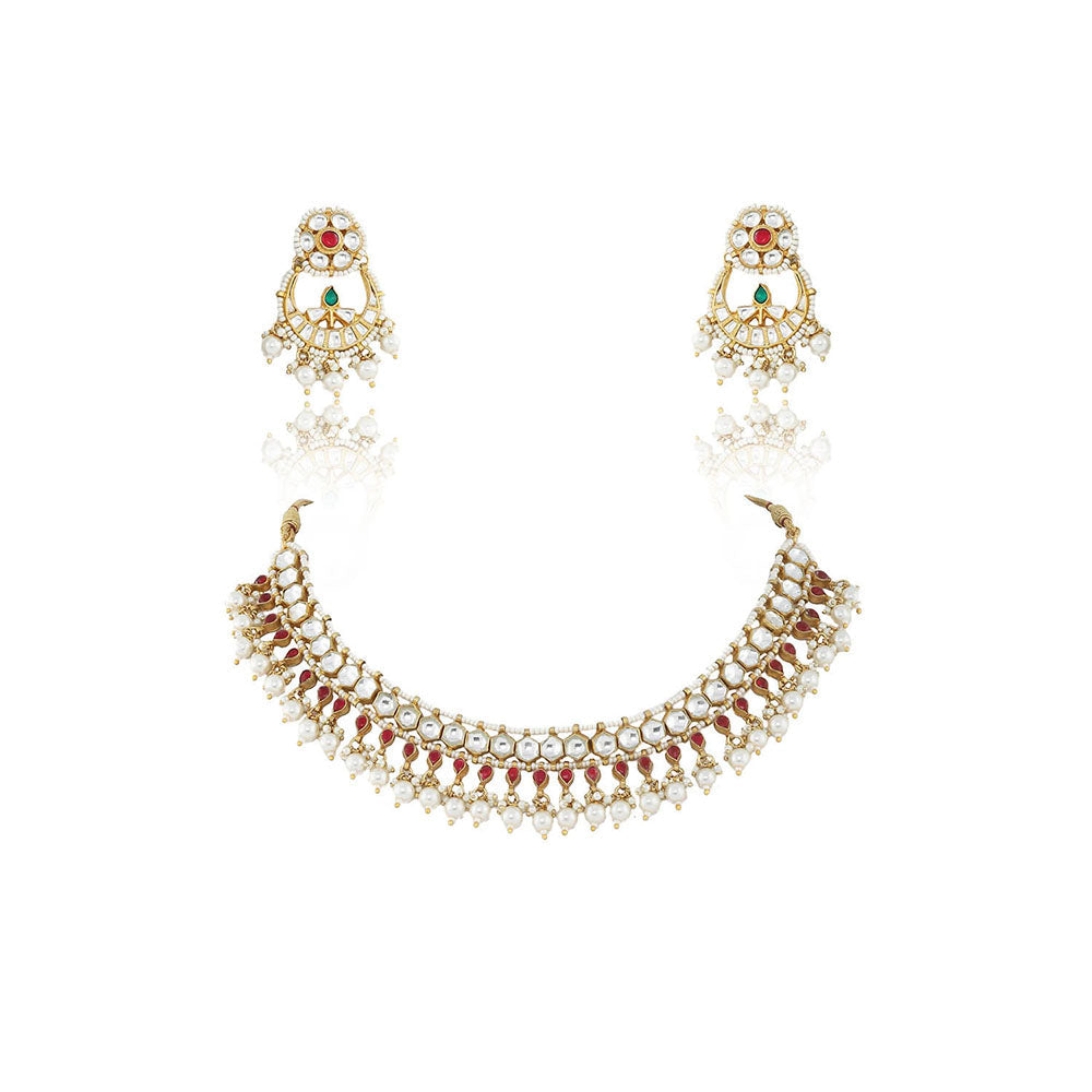 RIANA JEWELLERY White and Pink Small Jadtar Stone Single Line Necklace With Pearl (Set of 2)