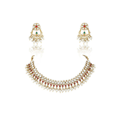 RIANA JEWELLERY White and Pink Small Jadtar Stone Single Line Necklace With Pearl (Set of 2)