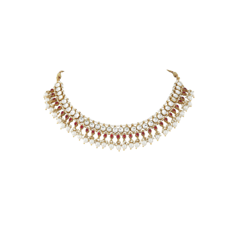 RIANA JEWELLERY White and Pink Small Jadtar Stone Single Line Necklace With Pearl (Set of 2)